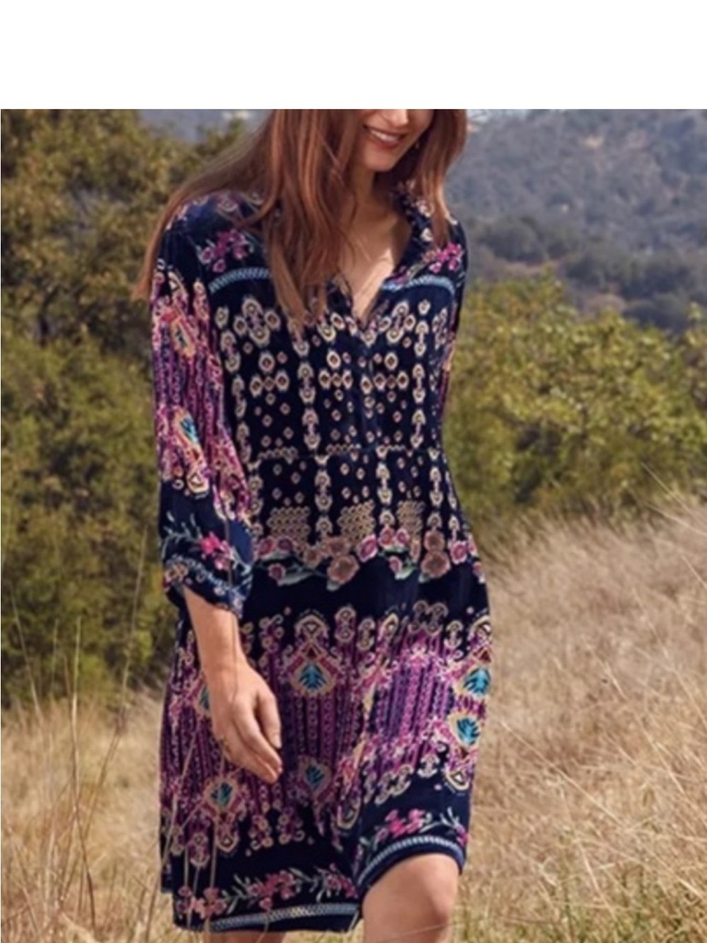 JOHNNY WAS SUMMER ELORA BURNOUT VELVET DRESS IN A DARK FLORAL PATTERN SZ s